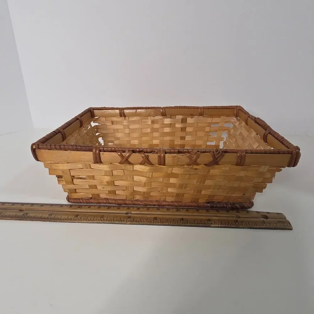 Small Rectangular Woven Bamboo Basket Tray Natural Brown Rustic Storage Decor
